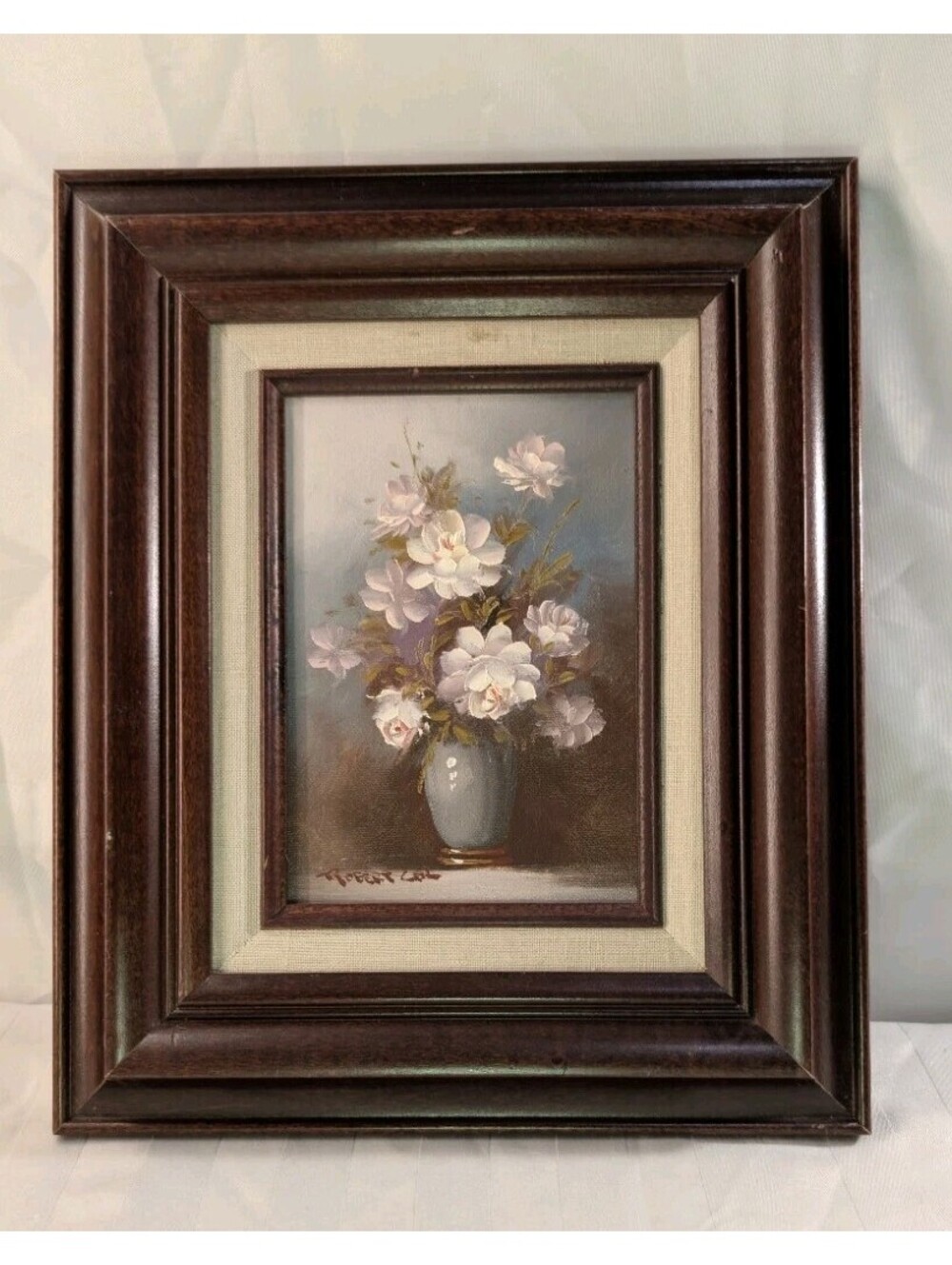 Vintage Floral Still Life Oil Painting After Robert Cox in Dark Wood Frame
